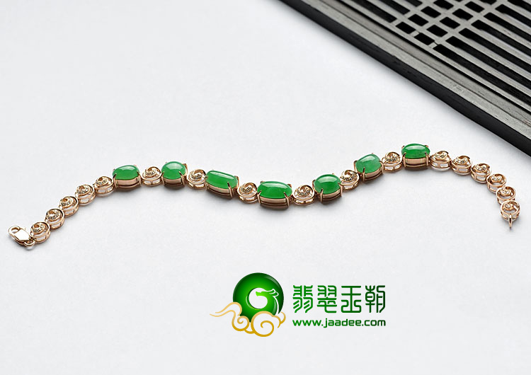 糯冰种阳绿缅甸翡翠A货镶玫瑰金手链（真钻）