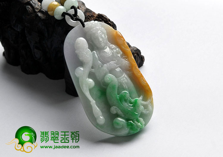 糯冰种三彩缅甸翡翠A货凤凰观音挂件