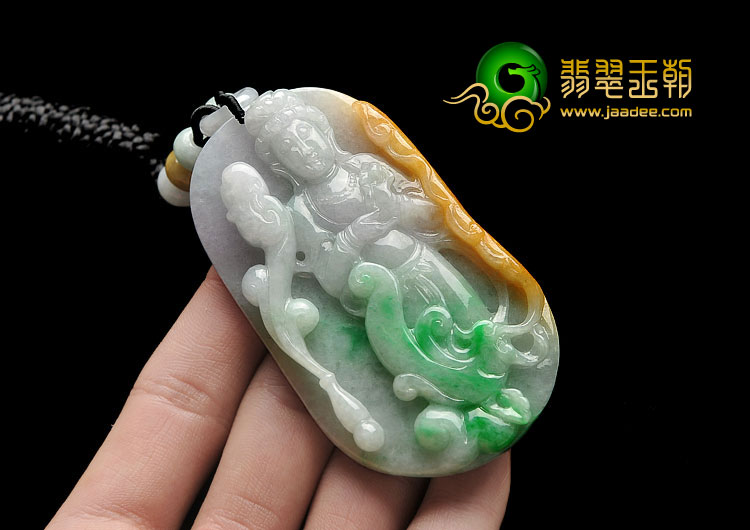 糯冰种三彩缅甸翡翠A货凤凰观音挂件
