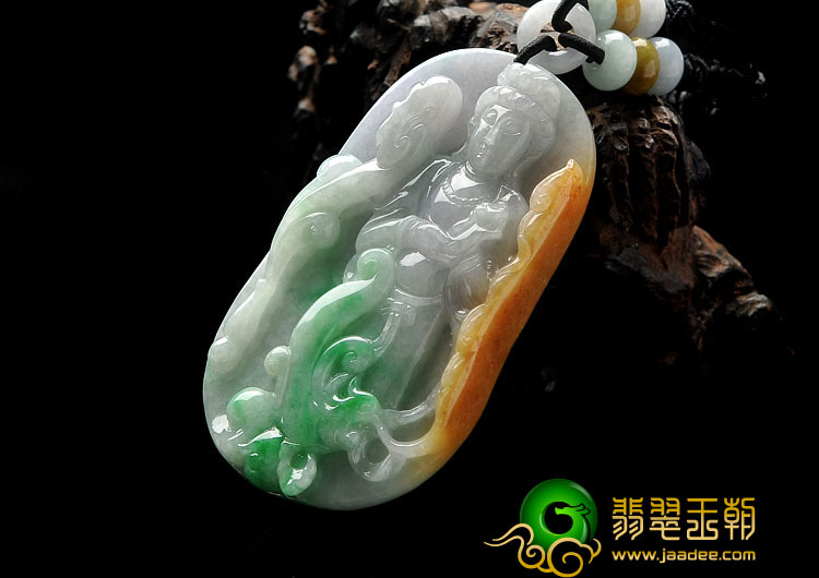 糯冰种三彩缅甸翡翠A货凤凰观音挂件