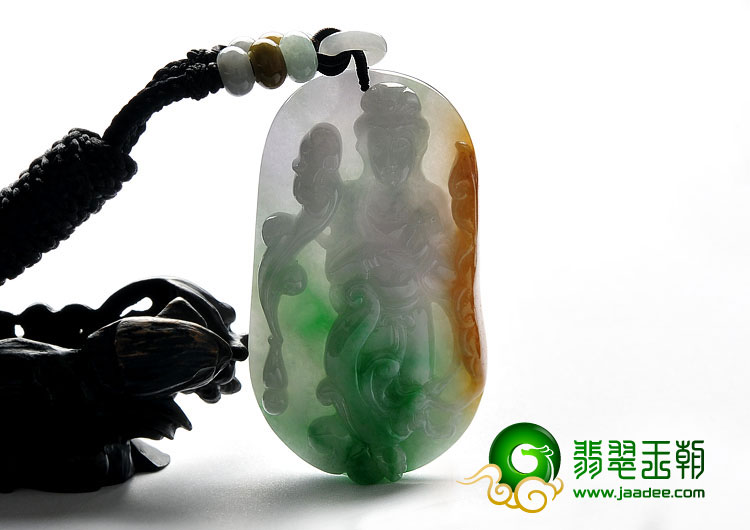 糯冰种三彩缅甸翡翠A货凤凰观音挂件
