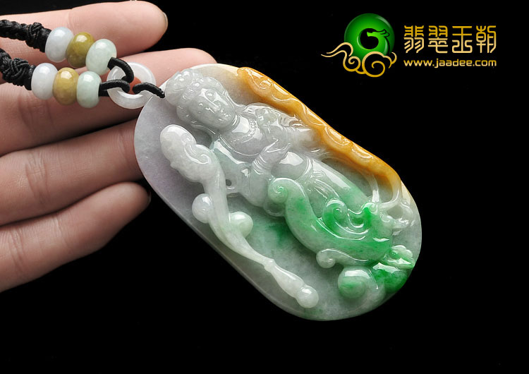 糯冰种三彩缅甸翡翠A货凤凰观音挂件