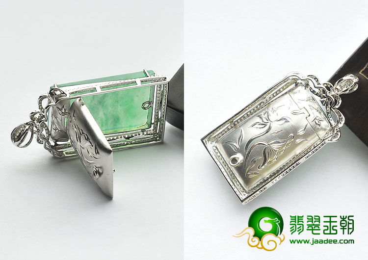 冰玻种绿晴水缅甸翡翠A货镶白金方牌胸坠（真钻）