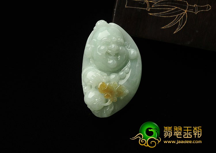 糯冰种晴水略带黄翡缅甸翡翠A货童子拜佛挂件