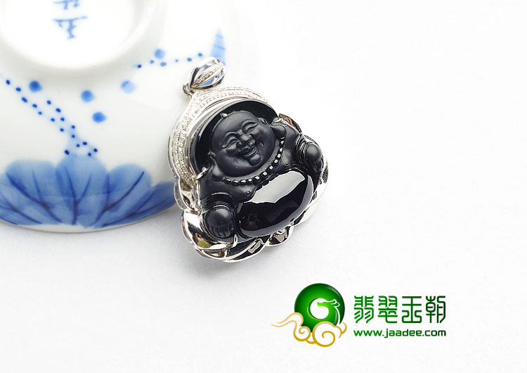 冰玻种墨翠缅甸翡翠A货镶白金玉佛胸坠（真钻）