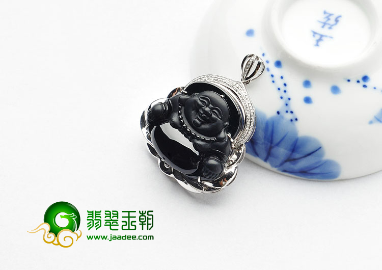 冰玻种墨翠缅甸翡翠A货镶白金玉佛胸坠（真钻）