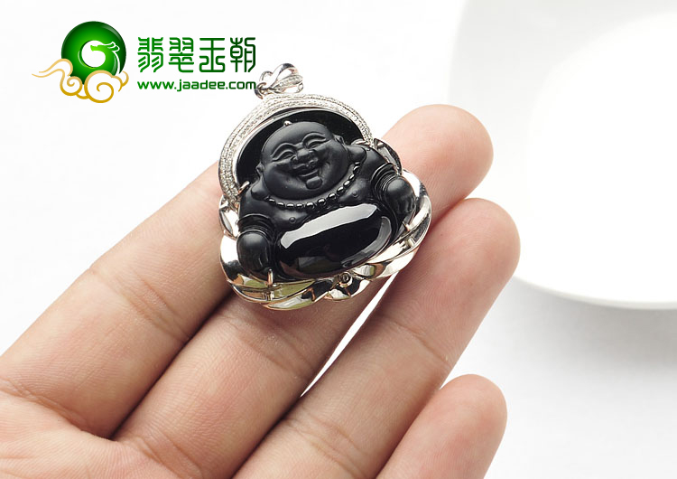 冰玻种墨翠缅甸翡翠A货镶白金玉佛胸坠（真钻）