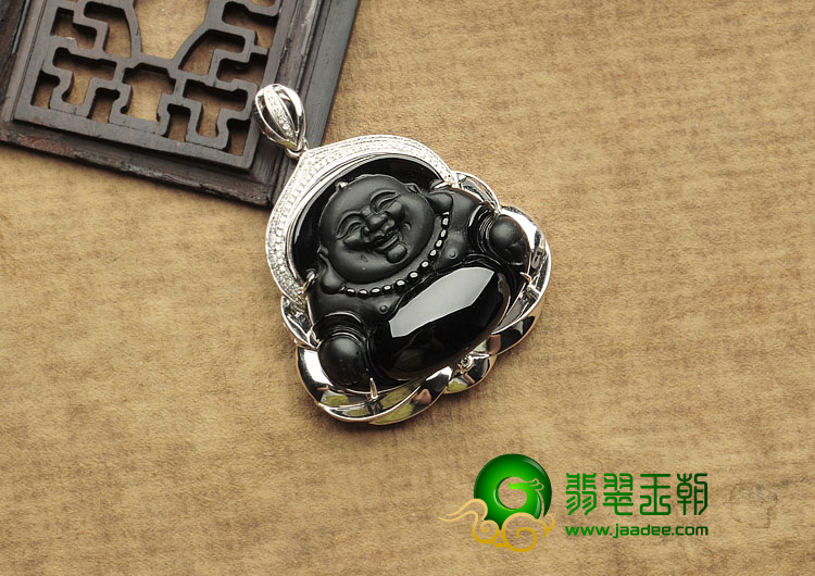 冰玻种墨翠缅甸翡翠A货镶白金玉佛胸坠（真钻）