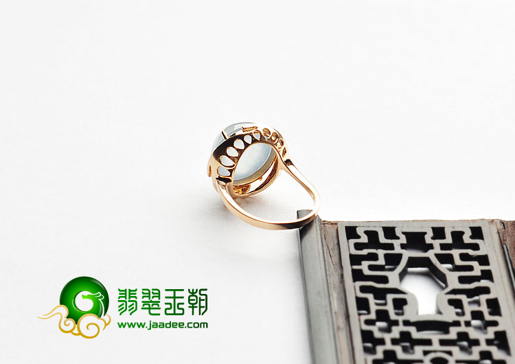 冰玻种无色缅甸翡翠A货镶玫瑰金戒指（真钻）