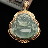 冰种晴水缅甸翡翠A货镶玫瑰金玉佛胸坠（真钻）