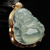 冰种晴水缅甸翡翠A货镶玫瑰金玉佛胸坠（真钻）