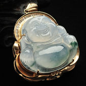 冰种飘花缅甸翡翠A货镶玫瑰金玉佛胸坠（真钻）