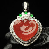 冰种红翡缅甸翡翠A货镶白金如意胸坠（真钻）