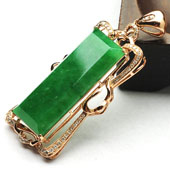 糯冰种浓绿缅甸翡翠A货镶玫瑰金方牌胸坠（真钻）