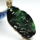 玻璃种墨翠缅甸翡翠A货镶玫瑰金老子出山胸坠（真钻）