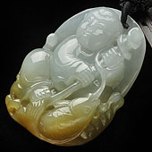 糯冰种晴水褐黄翡缅甸翡翠A货招财童子挂件