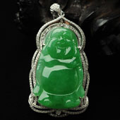 (超值推荐)冰种阳绿缅甸翡翠A货镶白金满绿站佛胸坠（真钻）