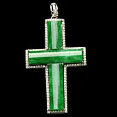 糯冰种阳绿缅甸翡翠A货镶白金十字架胸坠（真钻）
