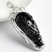 冰种墨翠缅甸翡翠A货镶白金龙头胸坠（真钻）
