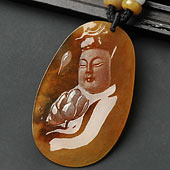 冰种褐黄翡缅甸翡翠A货莲花观音挂件