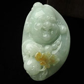糯冰种晴水略带黄翡缅甸翡翠A货童子拜佛挂件