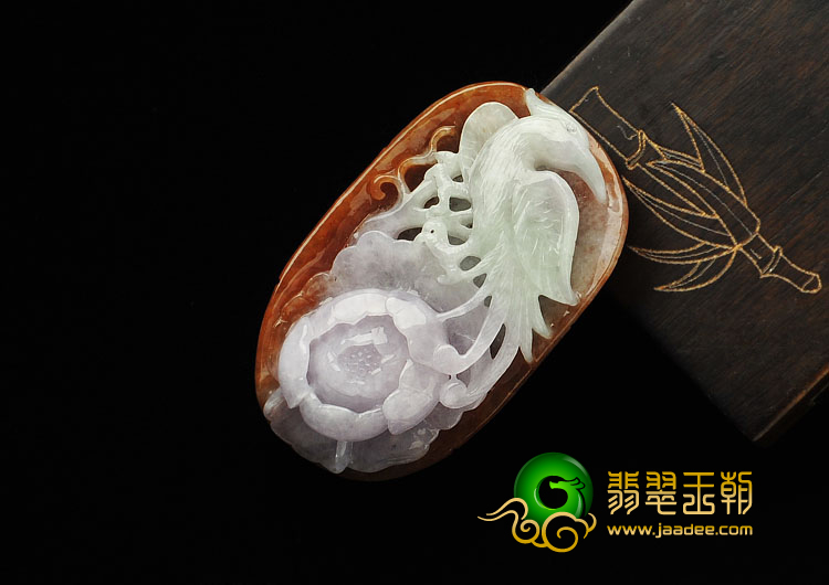 糯冰种三彩缅甸翡翠A货凤戏牡丹挂件