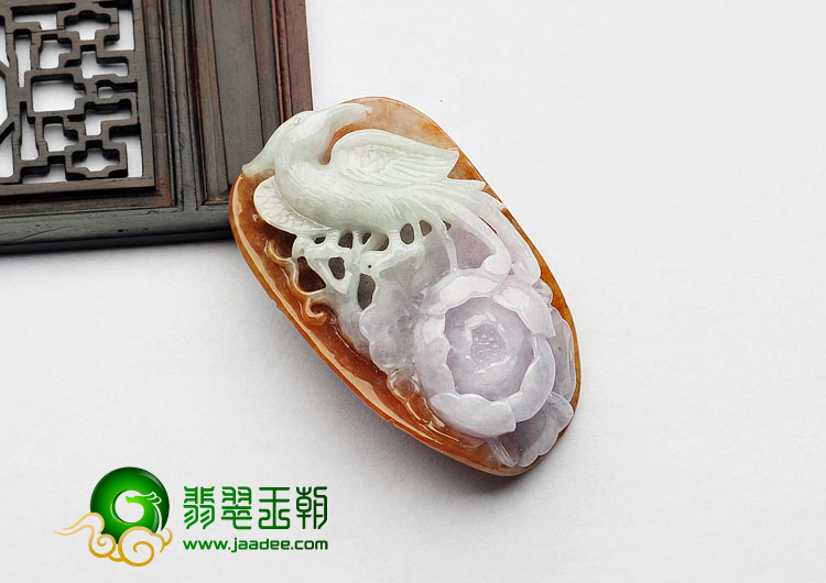 糯冰种三彩缅甸翡翠A货凤戏牡丹挂件