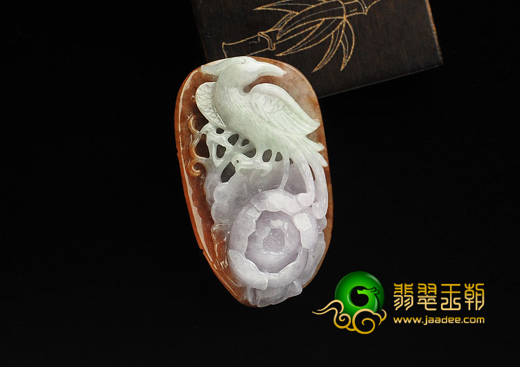 糯冰种三彩缅甸翡翠A货凤戏牡丹挂件