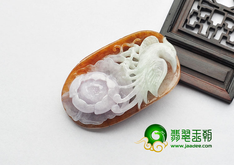 糯冰种三彩缅甸翡翠A货凤戏牡丹挂件