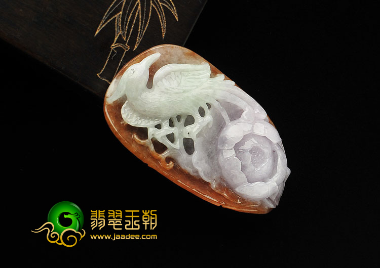 糯冰种三彩缅甸翡翠A货凤戏牡丹挂件