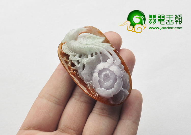 糯冰种三彩缅甸翡翠A货凤戏牡丹挂件