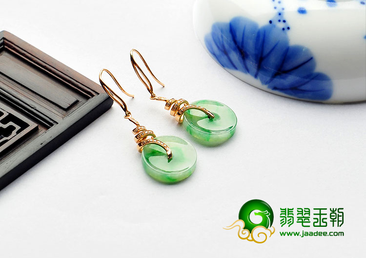 冰种飘翠缅甸翡翠A货镶玫瑰金平安扣耳坠（真钻）