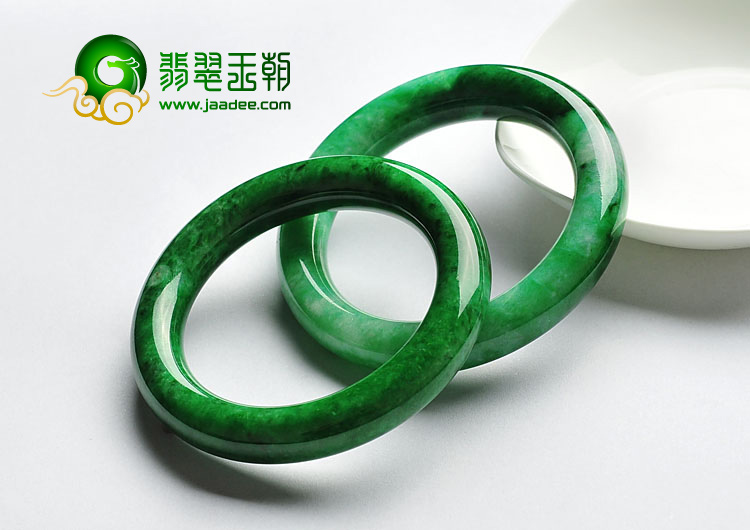 细糯种浓绿缅甸翡翠A货圆条手镯（54.3mm-54.7mm）（一对）