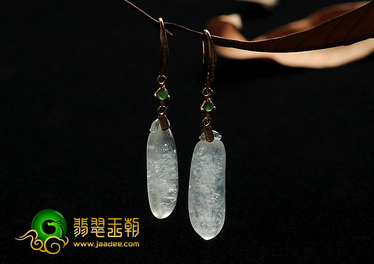 冰玻种无色缅甸翡翠A货镶玫瑰金耳坠（真钻）