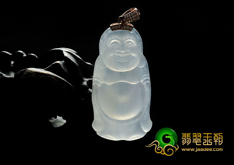 (超值推荐)冰种无色缅甸翡翠A货站佛挂件（金扣）