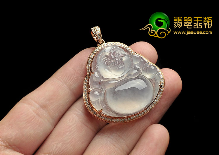 玻璃种无色缅甸翡翠A货镶玫瑰金玉佛胸坠（真钻）
