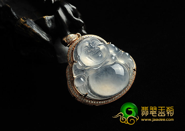 玻璃种无色缅甸翡翠A货镶玫瑰金玉佛胸坠（真钻）