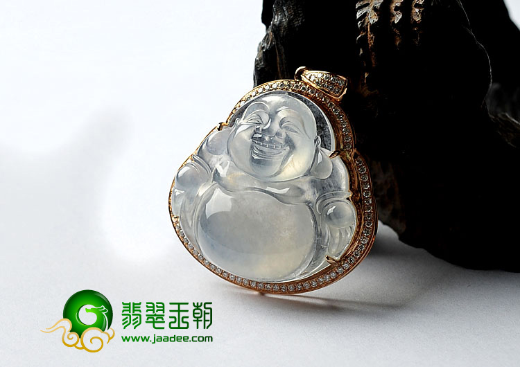 玻璃种无色缅甸翡翠A货镶玫瑰金玉佛胸坠（真钻）