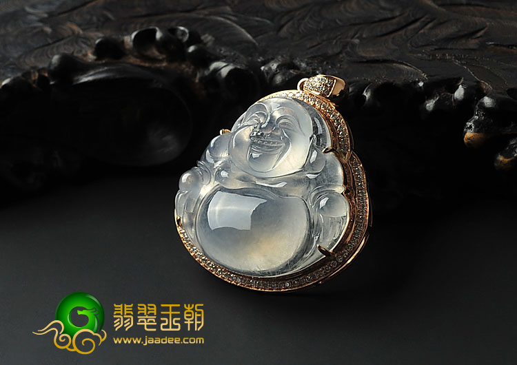 玻璃种无色缅甸翡翠A货镶玫瑰金玉佛胸坠（真钻）
