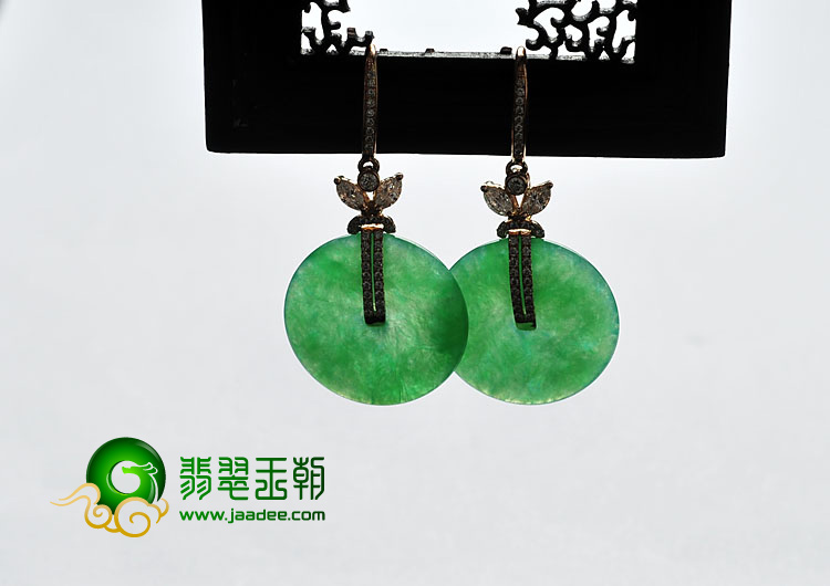 冰种阳绿缅甸翡翠A货镶玫瑰金平安扣耳坠（真钻）