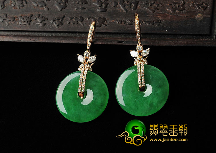冰种阳绿缅甸翡翠A货镶玫瑰金平安扣耳坠（真钻）