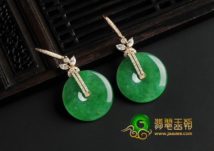 冰种阳绿缅甸翡翠A货镶玫瑰金平安扣耳坠（真钻）