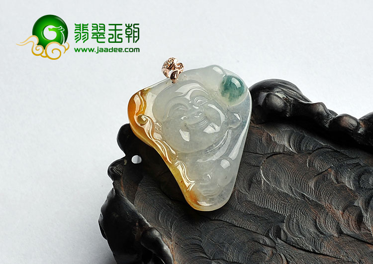 冰种褐黄翡飘花缅甸翡翠玉佛挂件
