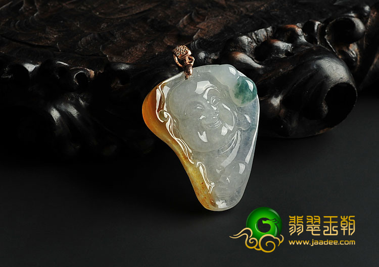 冰种褐黄翡飘花缅甸翡翠玉佛挂件