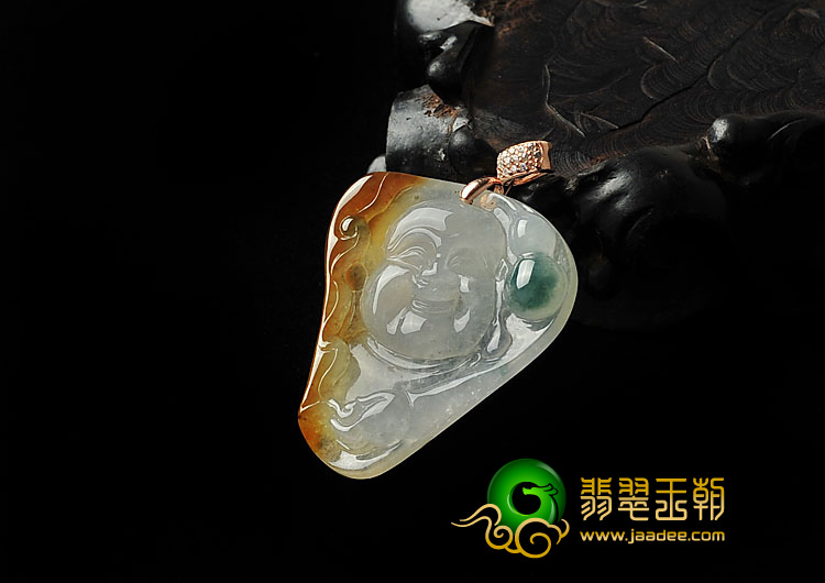 冰种褐黄翡飘花缅甸翡翠玉佛挂件