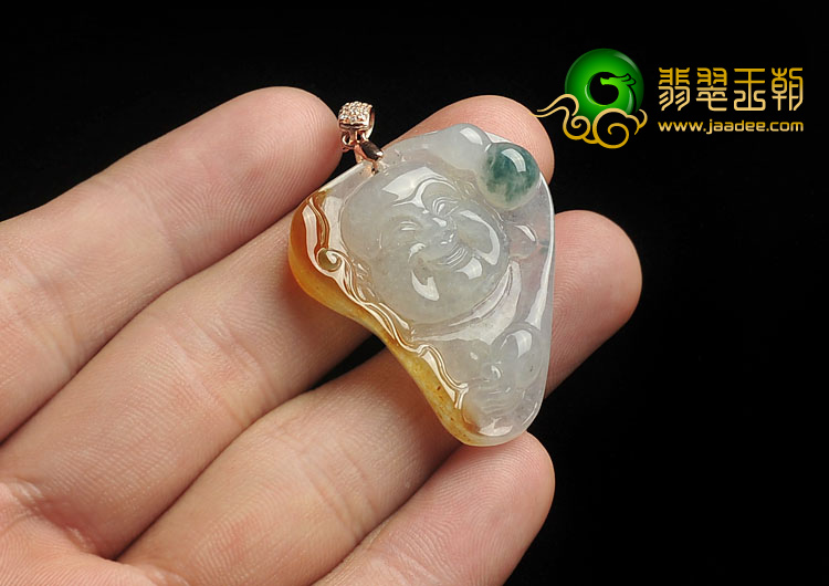 冰种褐黄翡飘花缅甸翡翠玉佛挂件
