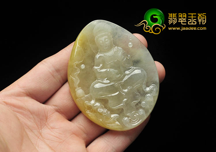 冰种黄翡缅甸翡翠A货莲花观音挂件