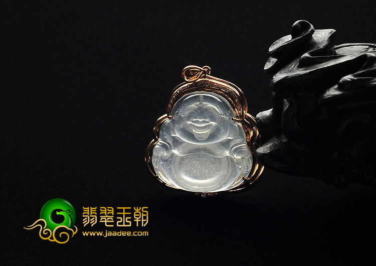 冰玻种无色缅甸翡翠A货镶玫瑰金玉佛胸坠(真钻)