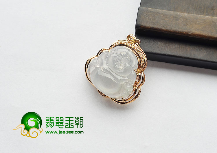 冰玻种无色缅甸翡翠A货镶玫瑰金玉佛胸坠(真钻)