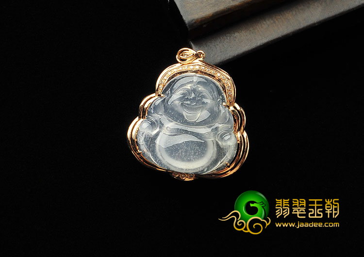 冰玻种无色缅甸翡翠A货镶玫瑰金玉佛胸坠(真钻)